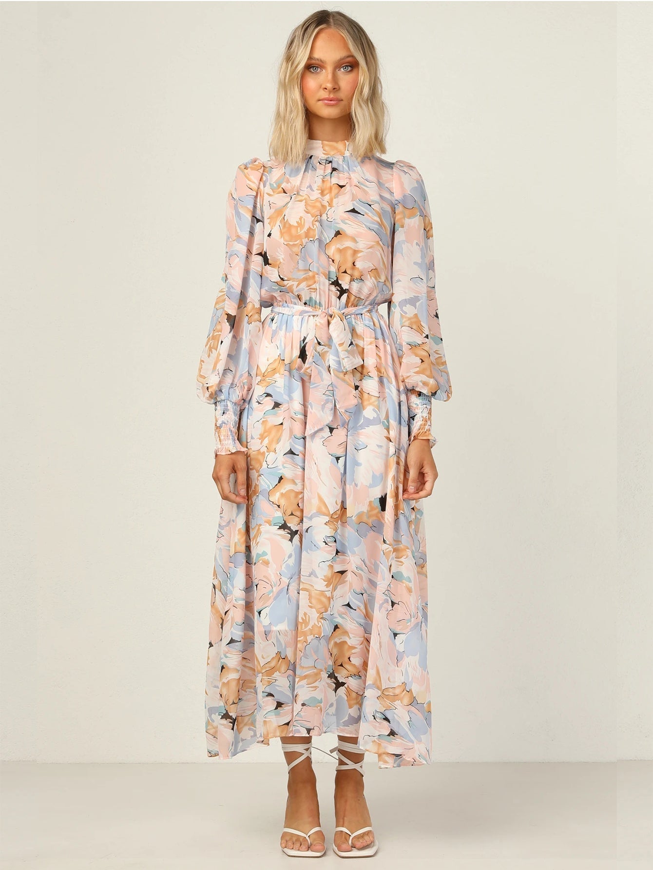 Oversized Floral Print Self Waist Tie Dress