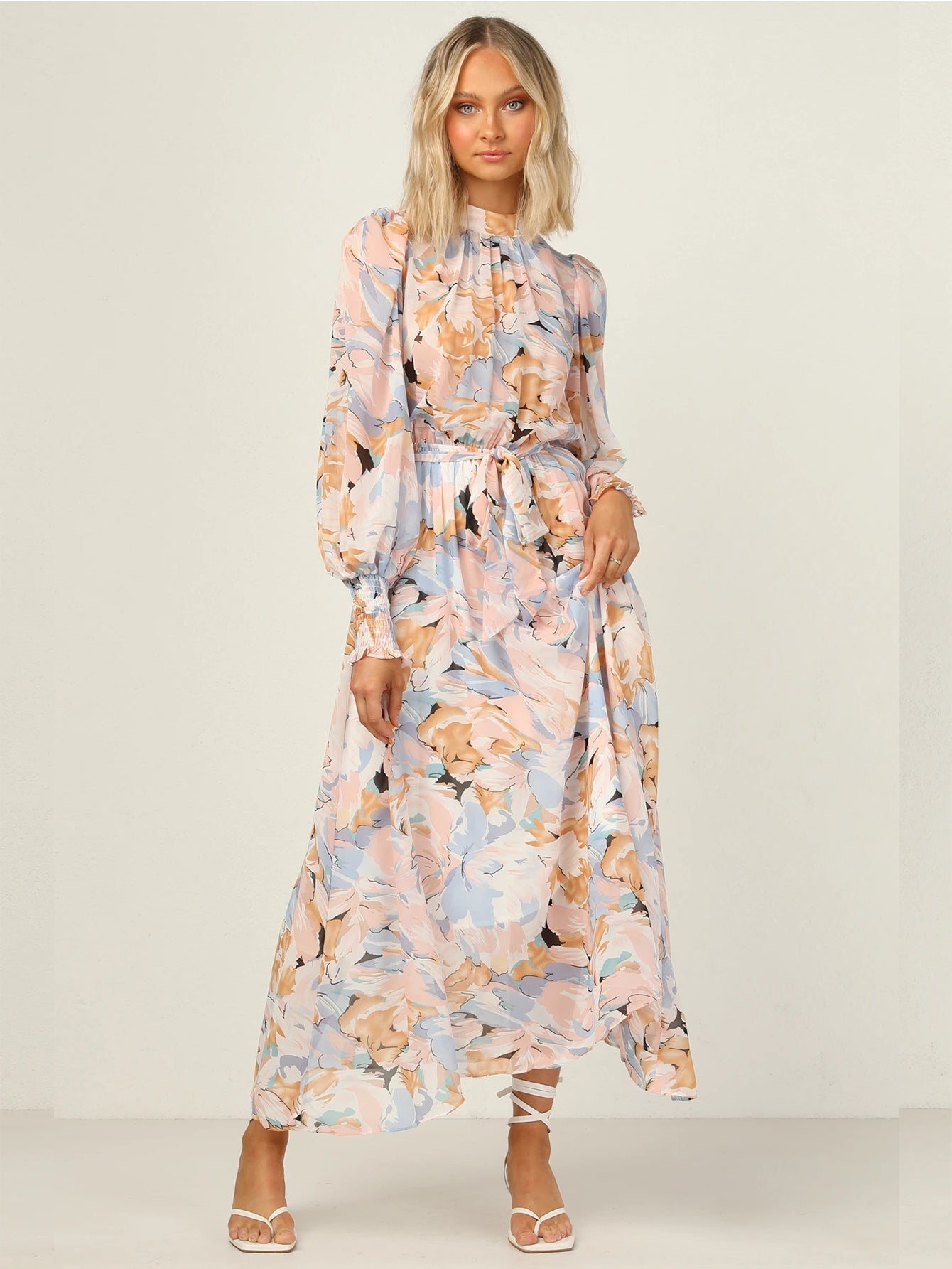 Oversized Floral Print Self Waist Tie Dress