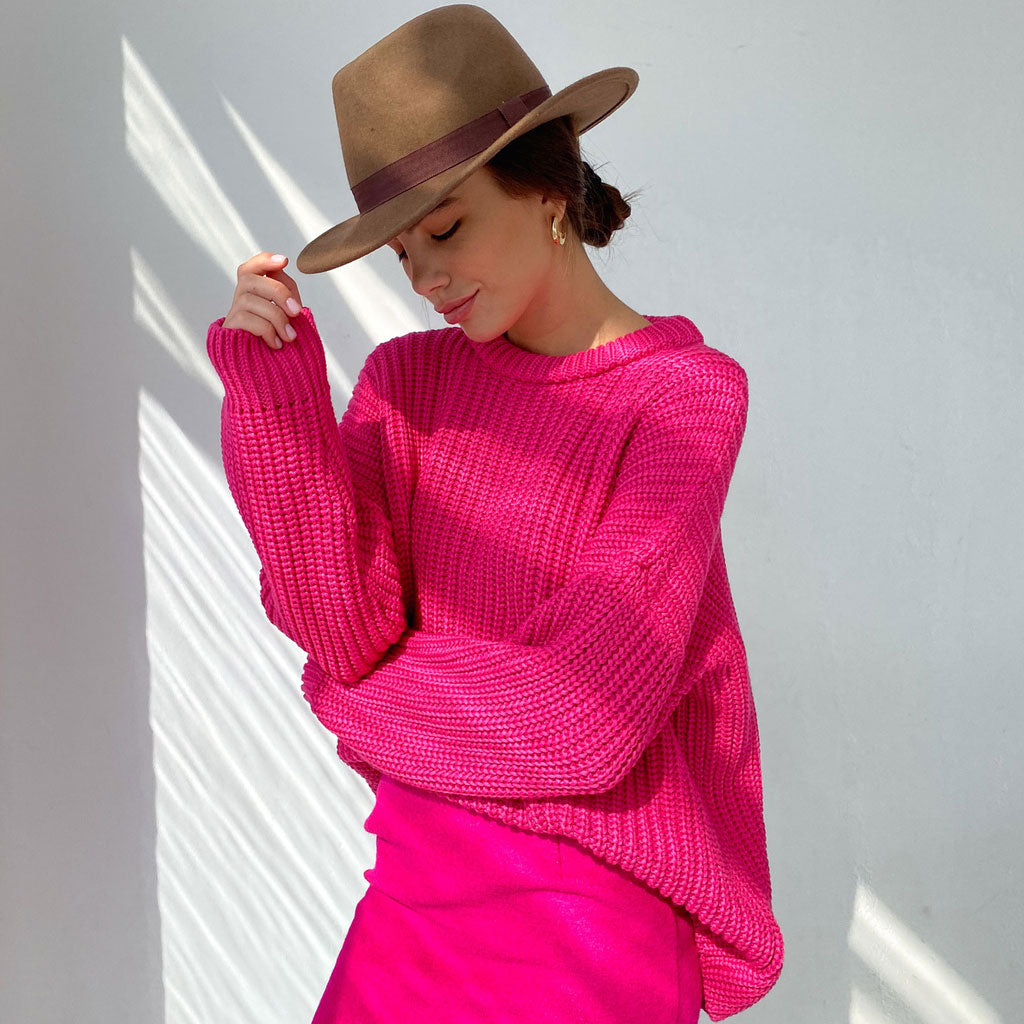 Candy Color Crewneck Trendy Pullover Sweater - Purple S / Rose Sweaters