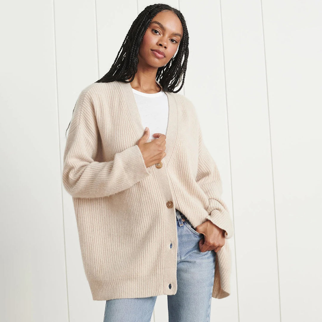 V-Neck Button Front Ribbed Knit Oversized Cardigan