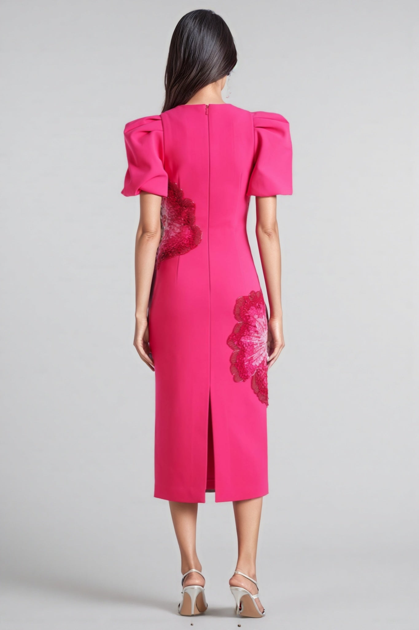 Sequin Floral Appliqué Puff Sleeve Crew Neck Fitted Sheath Midi Dress