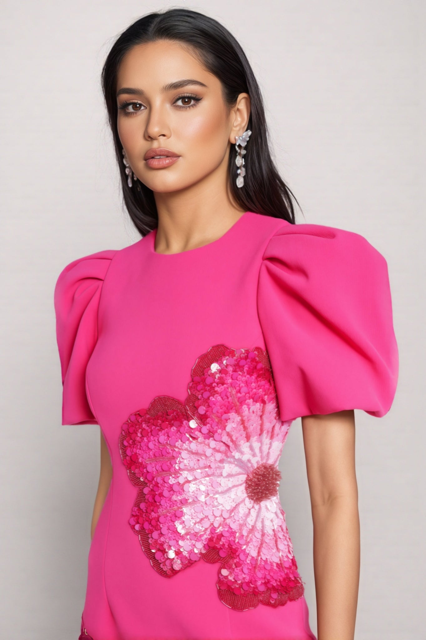 Sequin Floral Appliqué Puff Sleeve Crew Neck Fitted Sheath Midi Dress - View 2