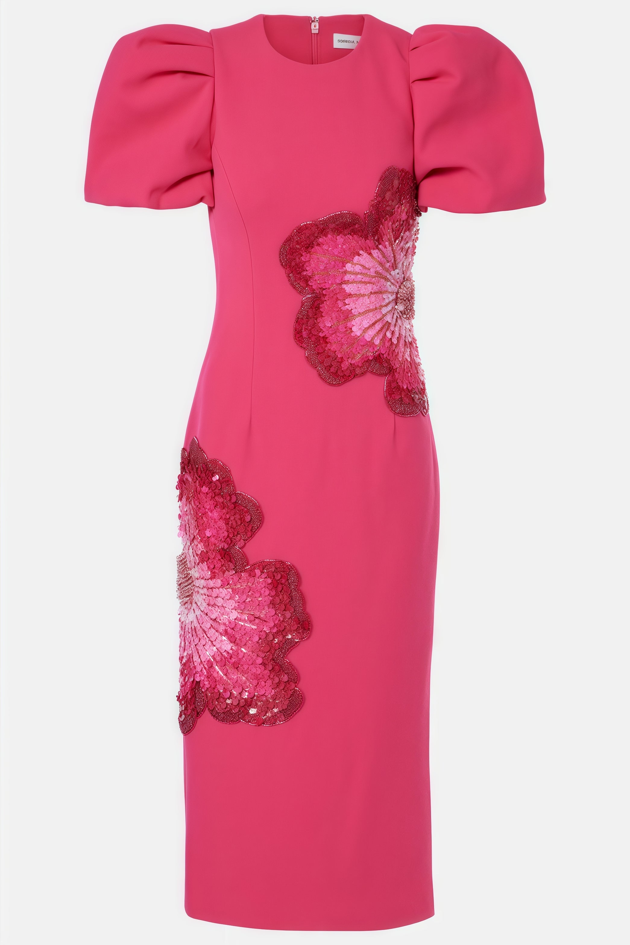 Sequin Floral Appliqué Puff Sleeve Crew Neck Fitted Sheath Midi Dress