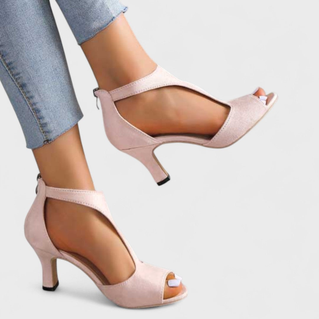 Peep Toe T-Strap Back Zip Heeled Sandals