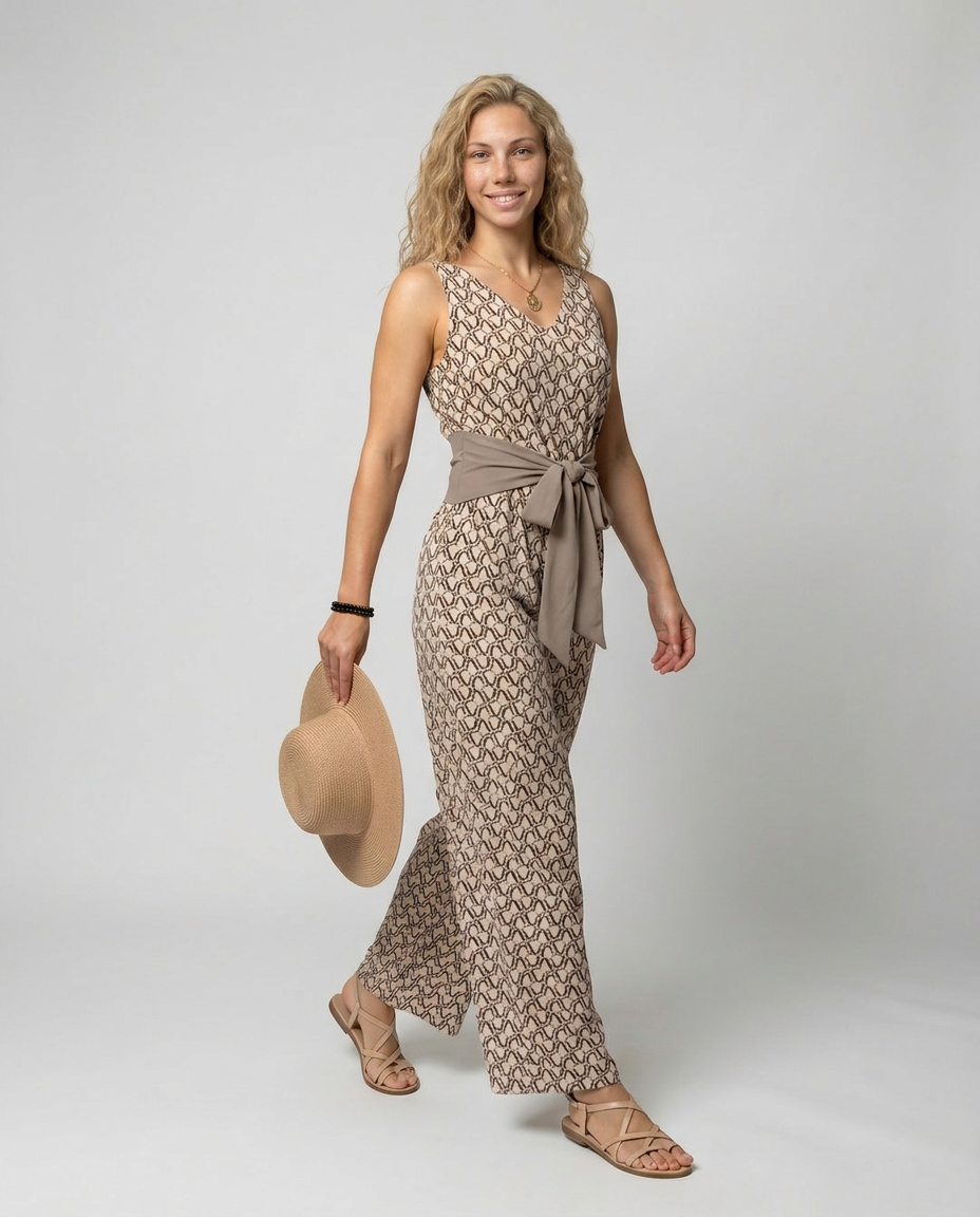 Geometric Print V-Neck Sleeveless Tie Waist Wide Leg Jumpsuit