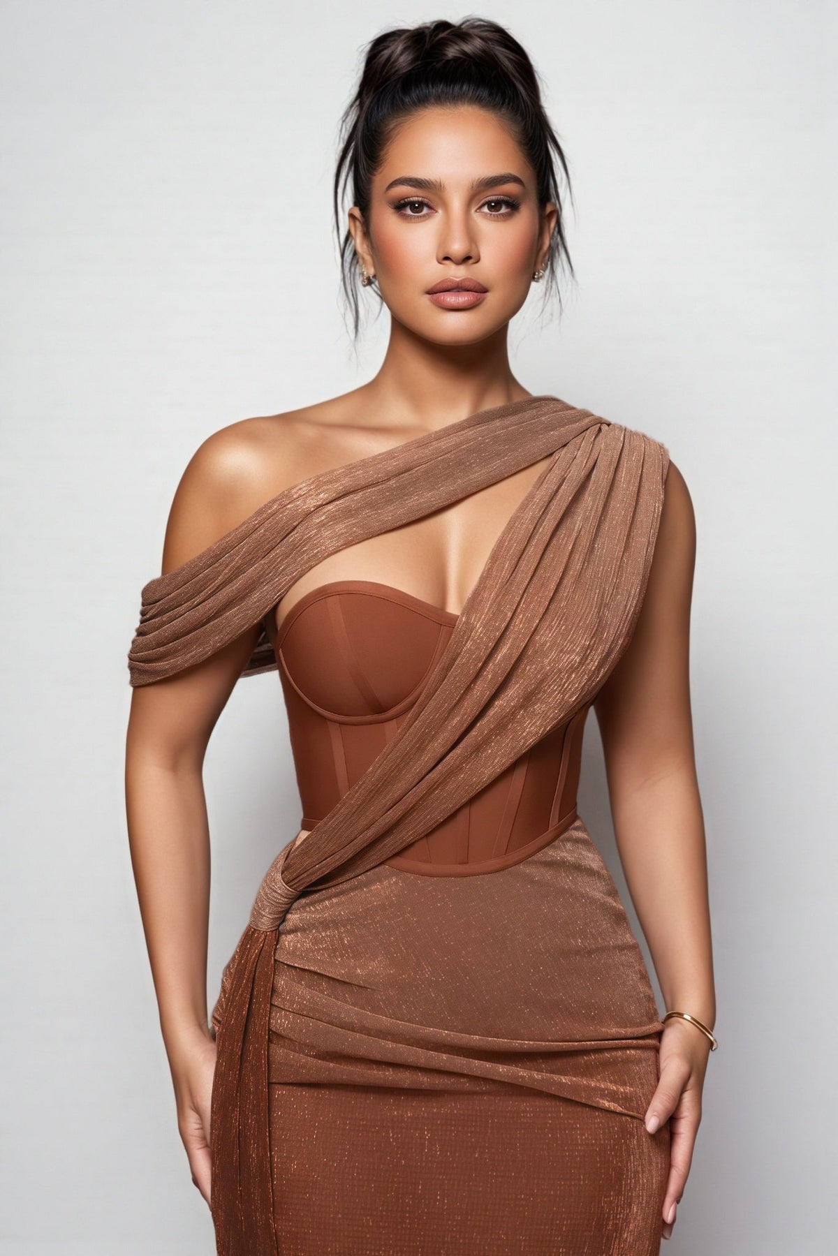 One Shoulder Draped Corset Bodice Metallic Ruched Maxi Dress 2