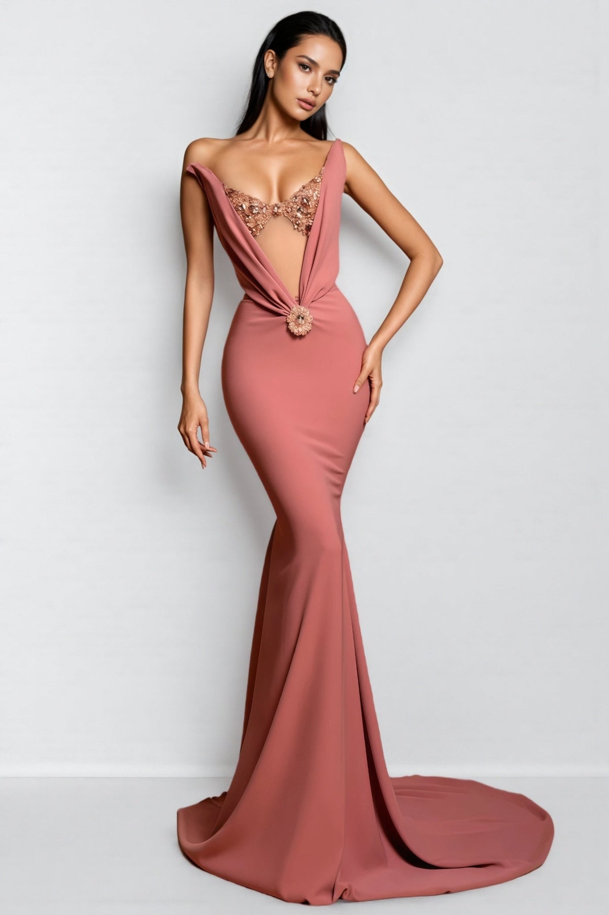 Plunging Draped Neck Beaded Applique Mermaid Maxi Gown with Train