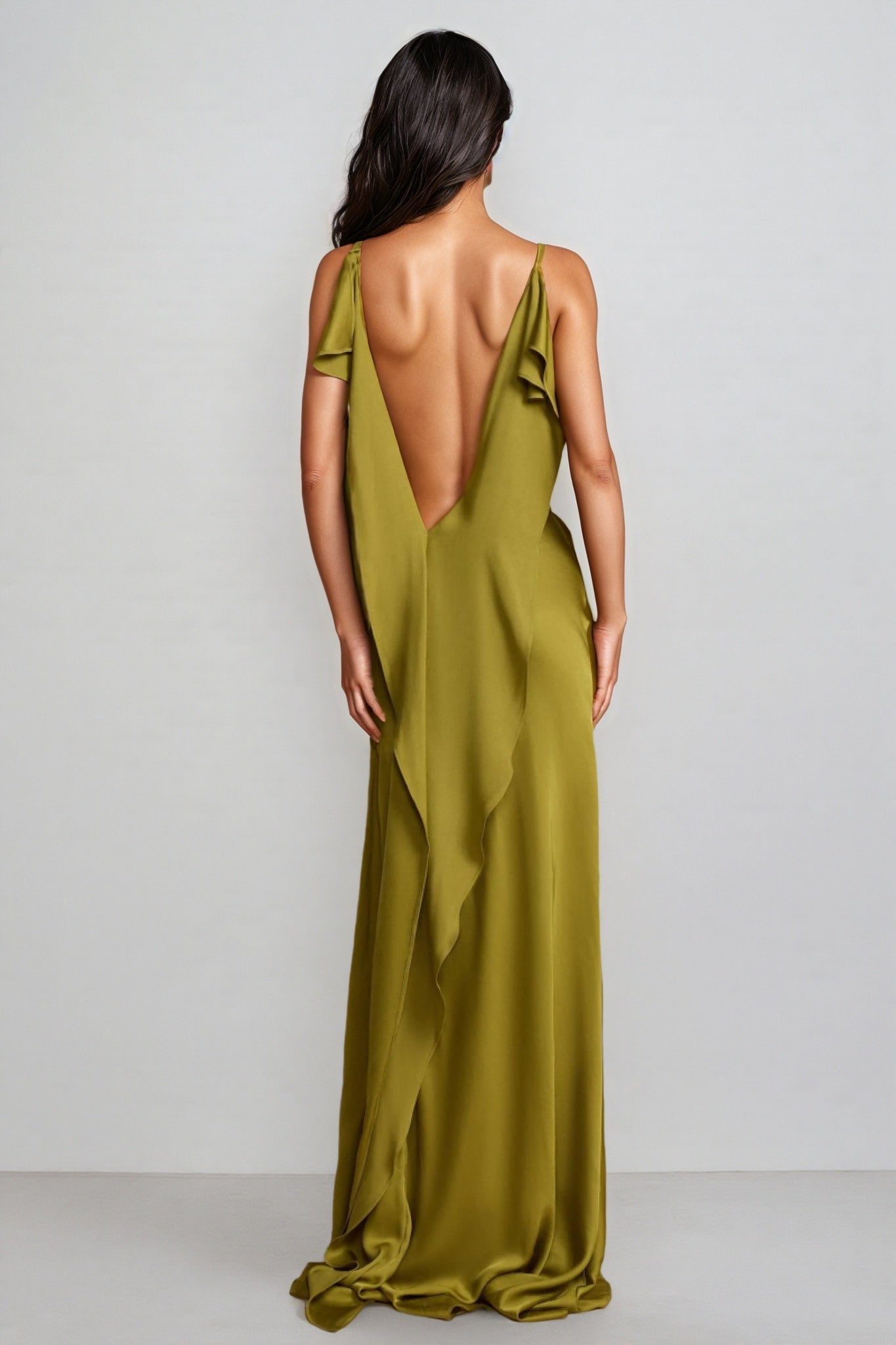 Lelia Solid Satin Backless Frill Maxi Dress - View 4