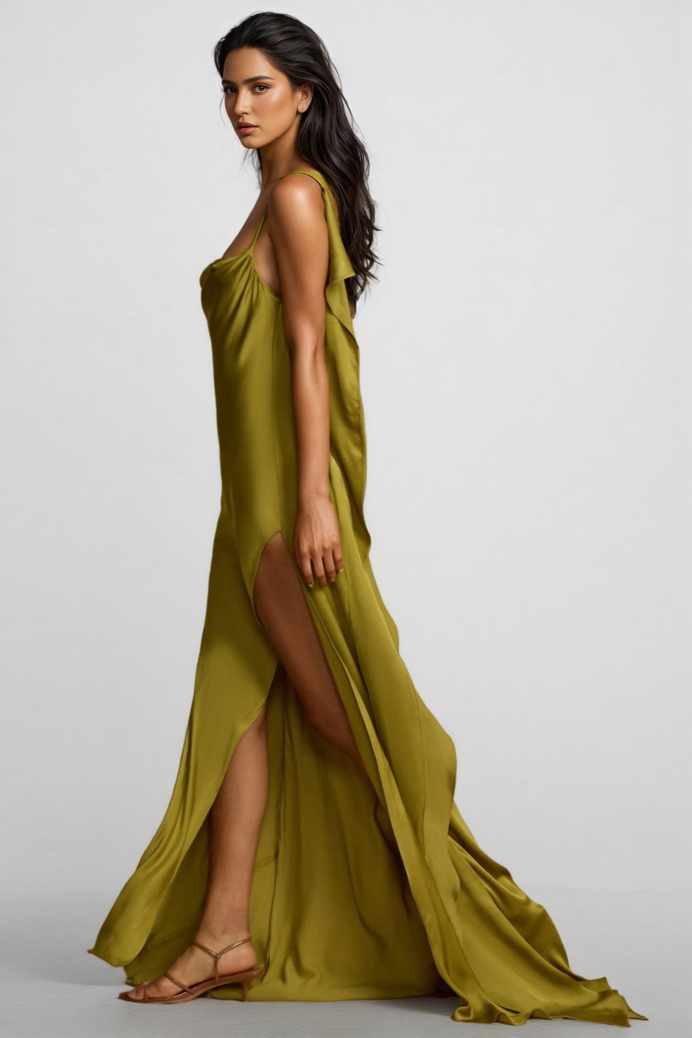 Lelia Solid Satin Backless Frill Maxi Dress - View 3