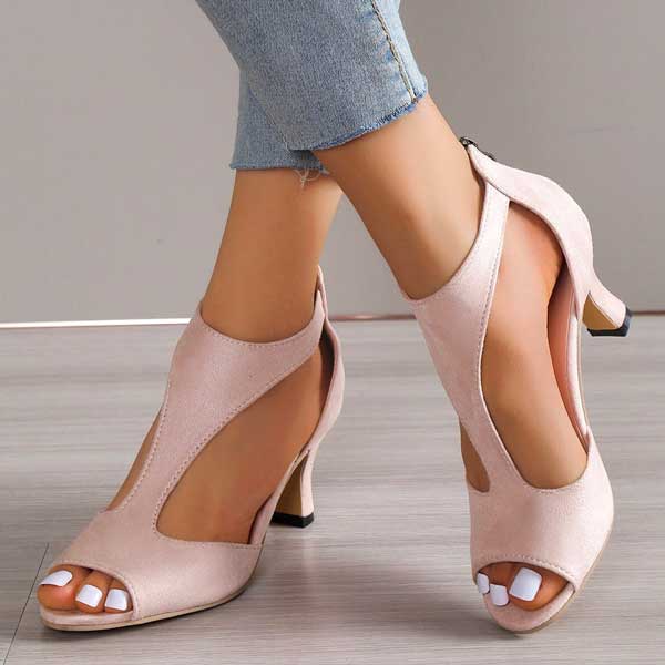 Peep Toe Cut Out Back Zip Block Heel Sandals