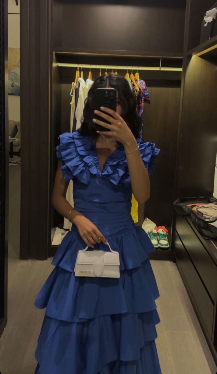 Sweet Royal Blue A-line V-neck Layered Ruffle Long Prom Dress Evening Dress cc5080