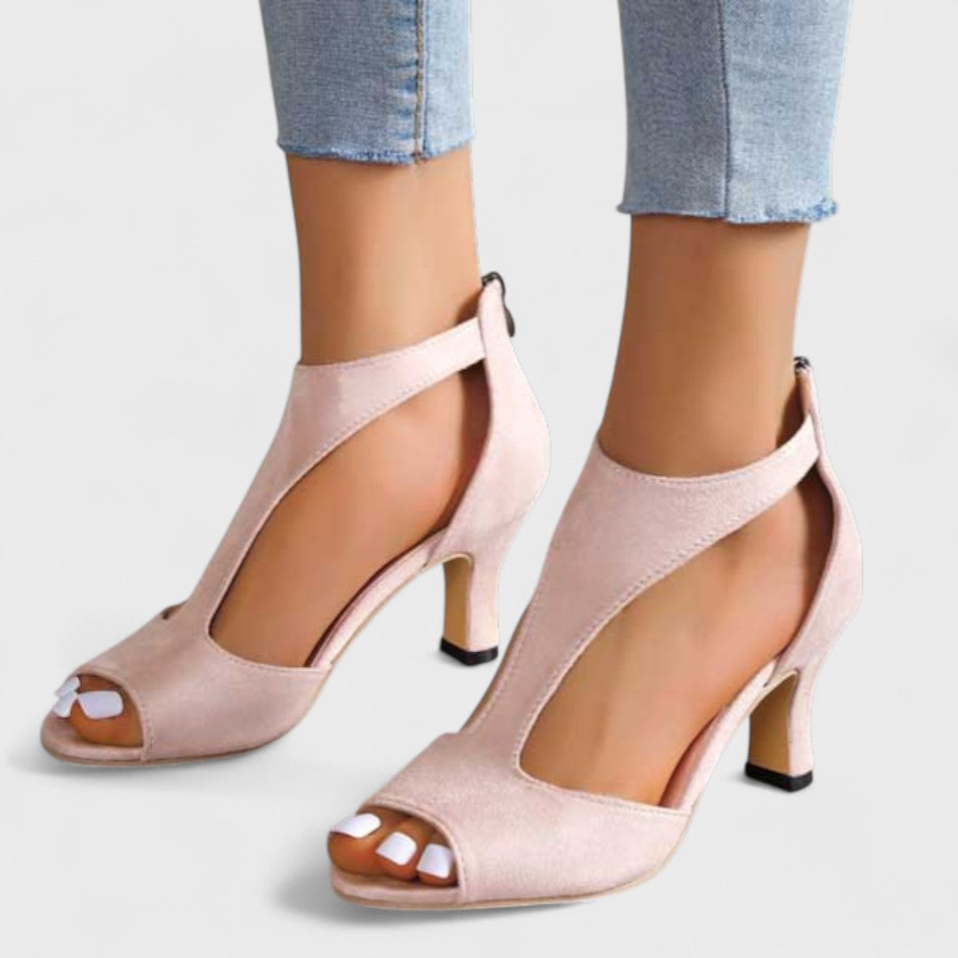 Peep Toe T-Strap Back Zip Heeled Sandals