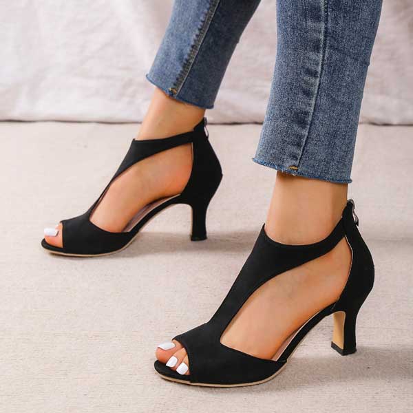 Peep Toe Cut Out Back Zip Block Heel Sandals