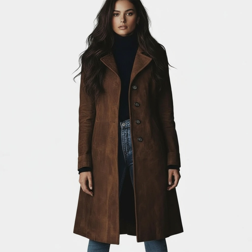Suede Look Notch Lapel Button Front Longline Coat