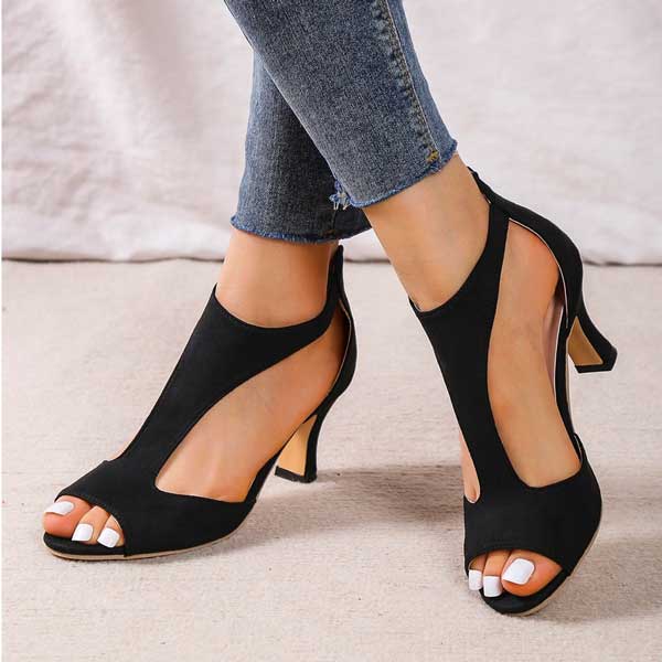 Peep Toe Cut Out Back Zip Block Heel Sandals
