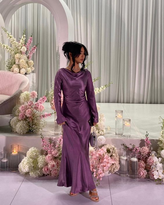 Simple Purple Long Sleeves Evening Dress,Wedding Guest Outfit cc933