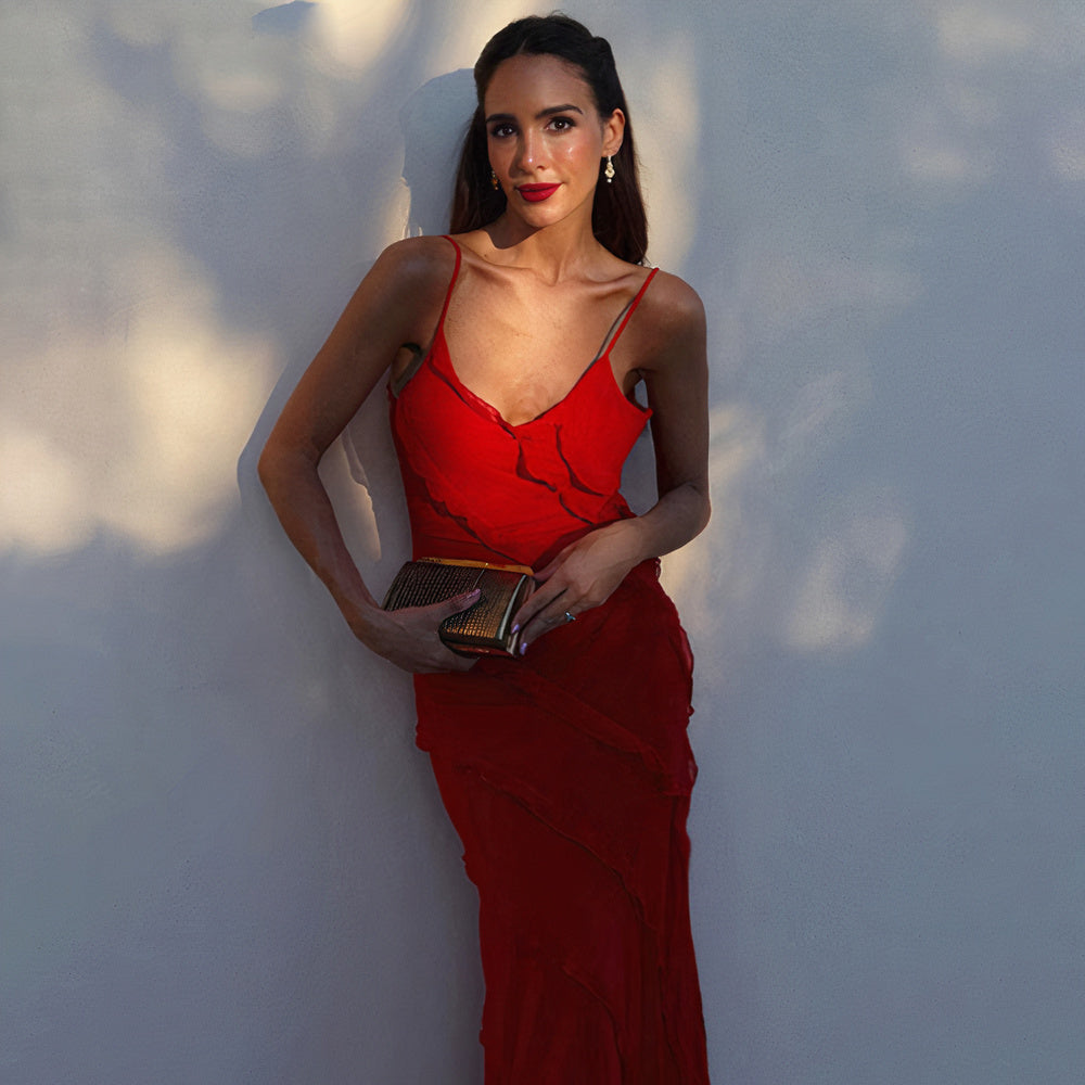 Spaghetti Strap V-Neck Cascading Ruffle Tiered Maxi Gown