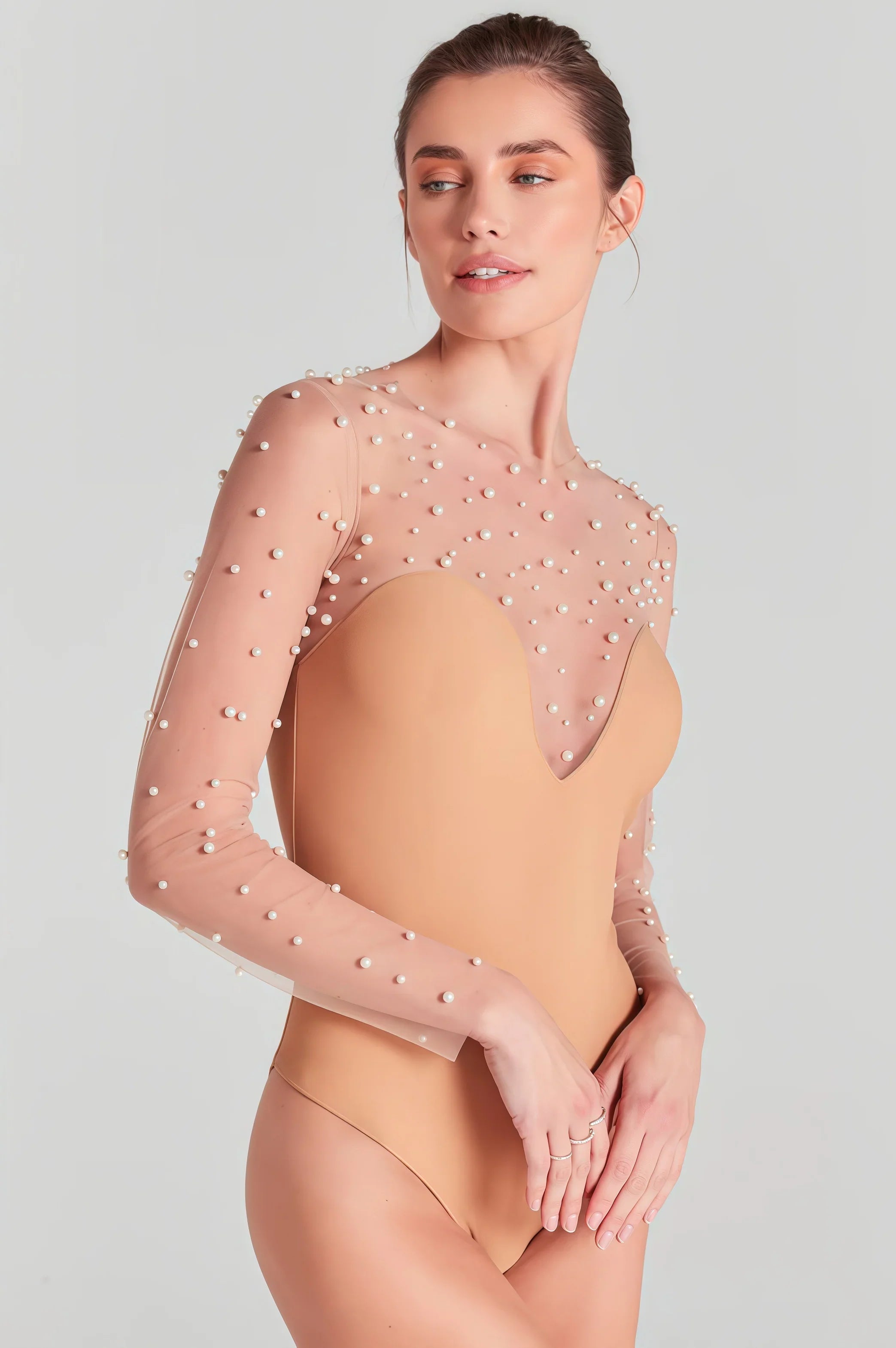 Pearl Embellished Sheer Mesh Plunge Long Sleeve Bodysuit Top