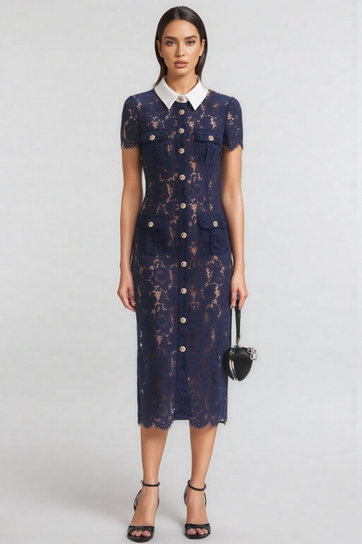 Lace Contrast Collar Short Sleeve Button Front Pocket Midi Dress