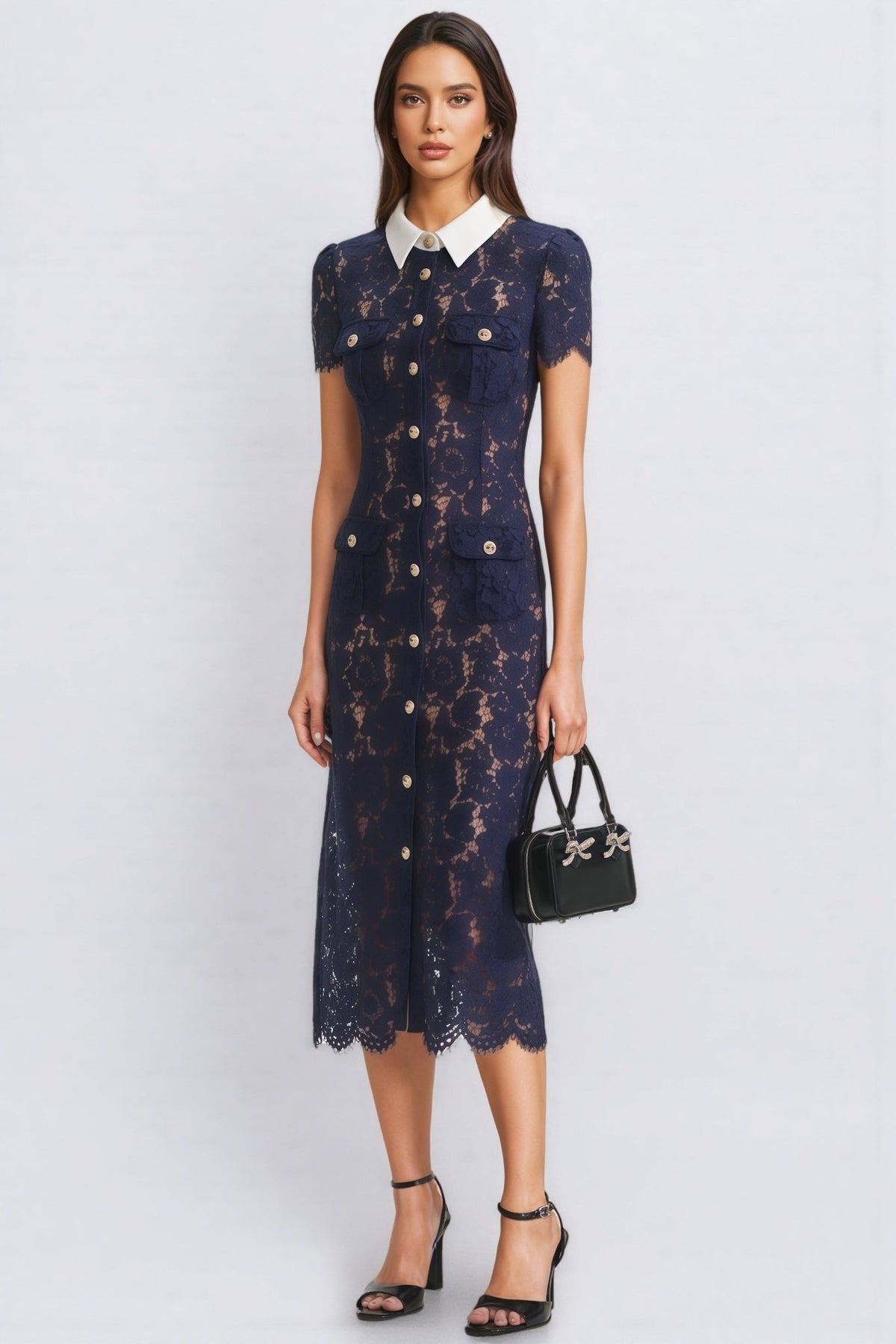Lace Contrast Collar Short Sleeve Button Front Pocket Midi Dress 2