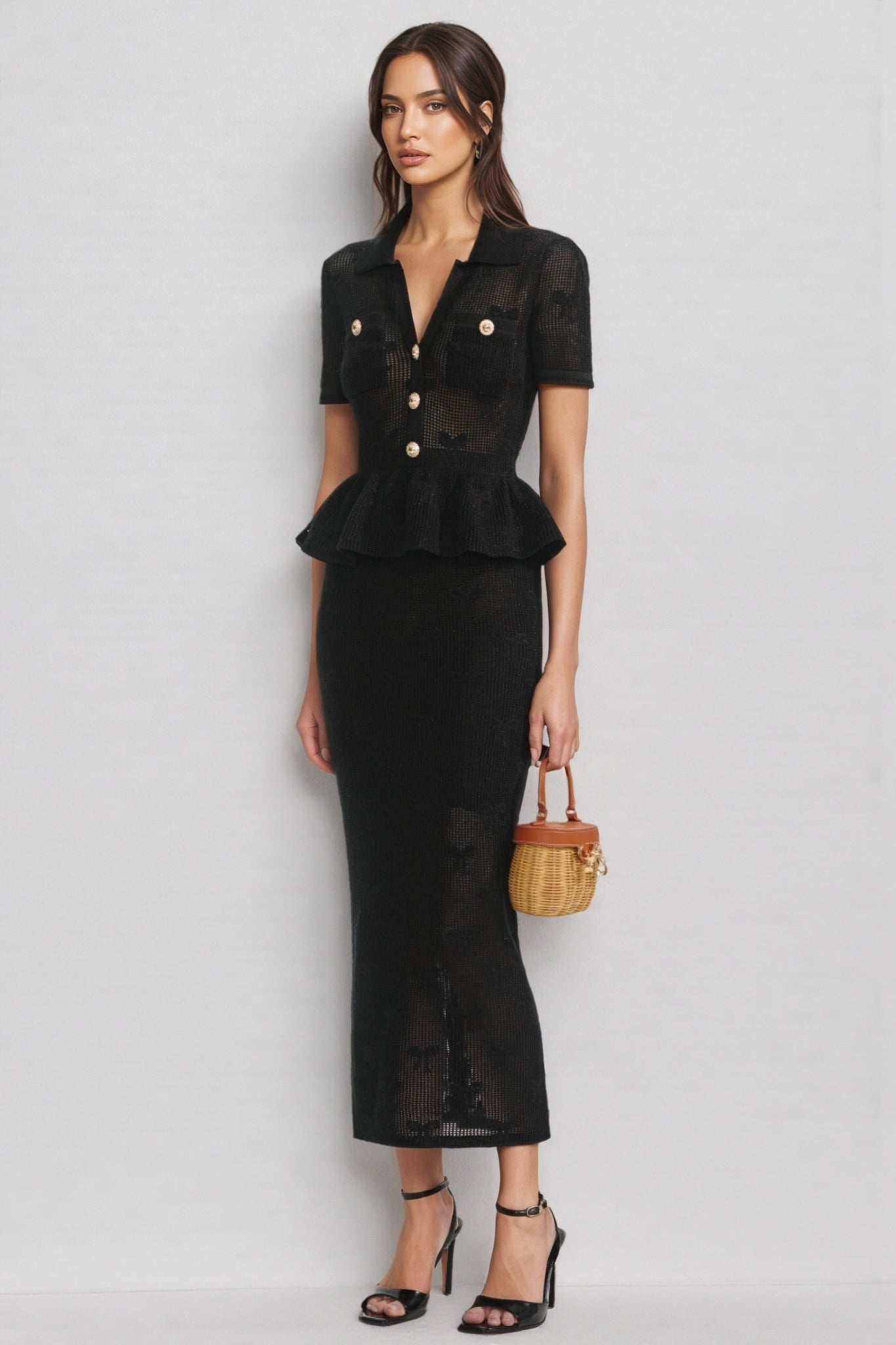 Knit Jacquard V-Neck Button Front Peplum Top Pencil Skirt Two Piece Set