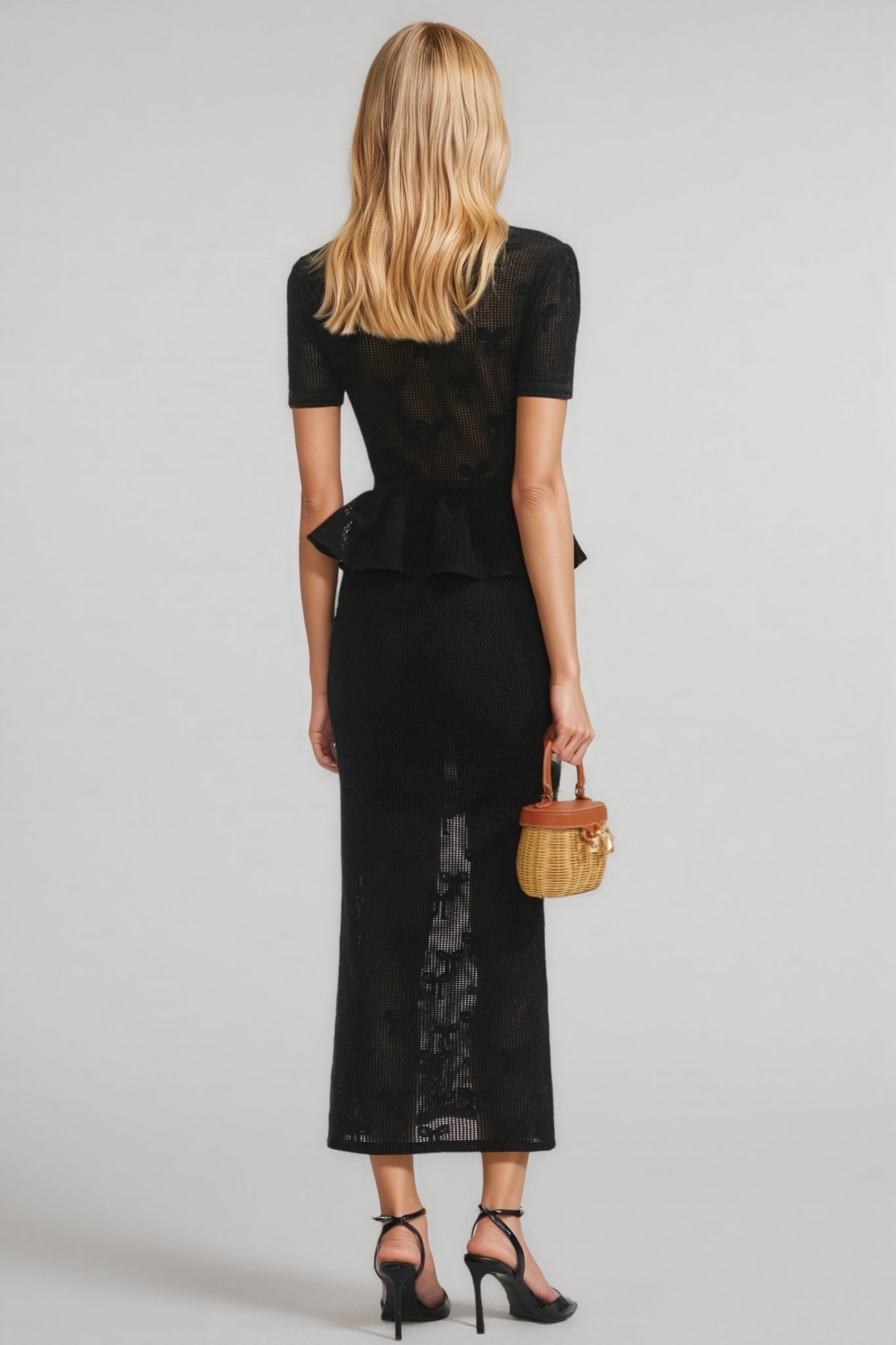 Knit Jacquard V-Neck Button Front Peplum Top Pencil Skirt Two Piece Set