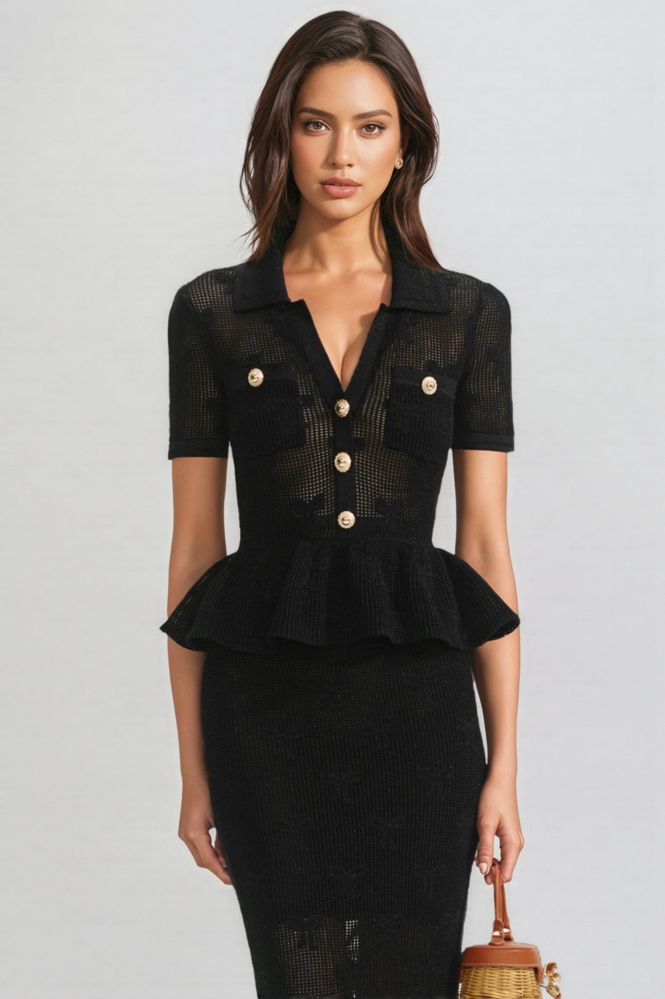 Knit Jacquard V-Neck Button Front Peplum Top Pencil Skirt Two Piece Set