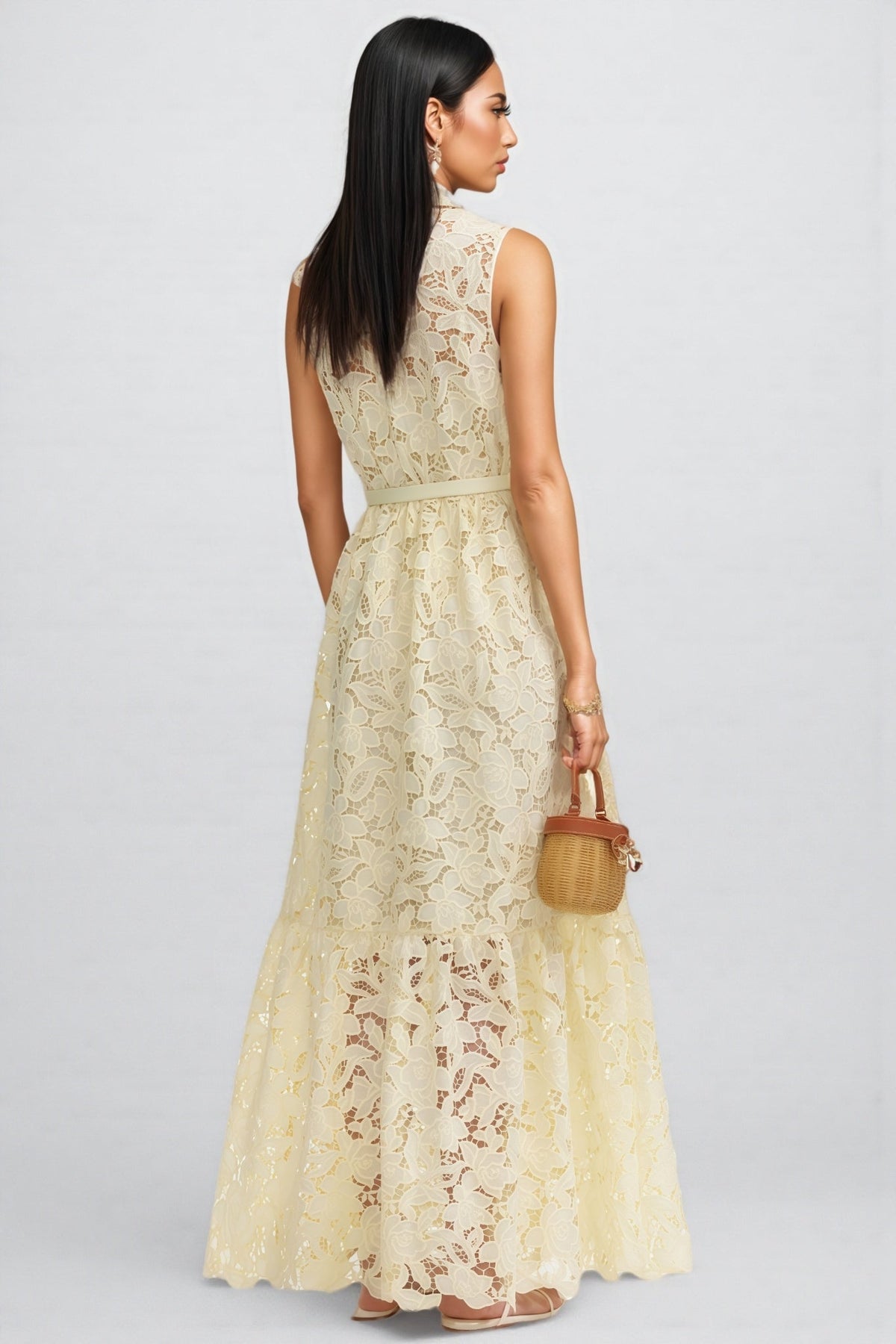 Floral Cut Out Lace Sleeveless Collared Button Front Belted Tiered Maxi Dress 4