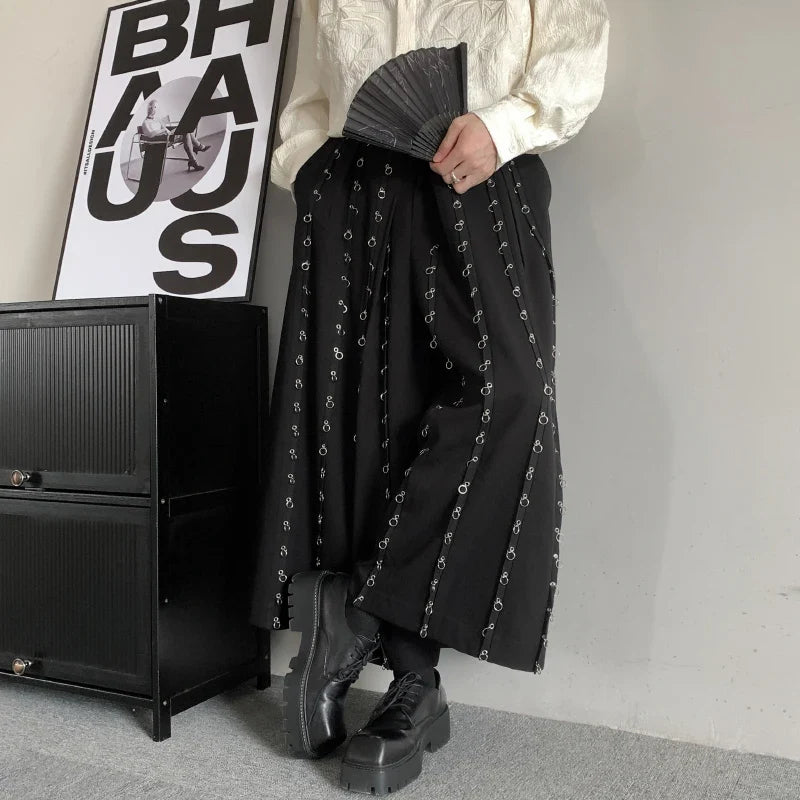Casual Pants Men Metal Button Patchwork Wide Leg Pants