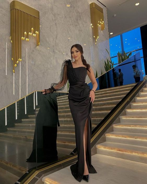 Charming Black Sheath One Sleeve Evening Dress With Split cc1317