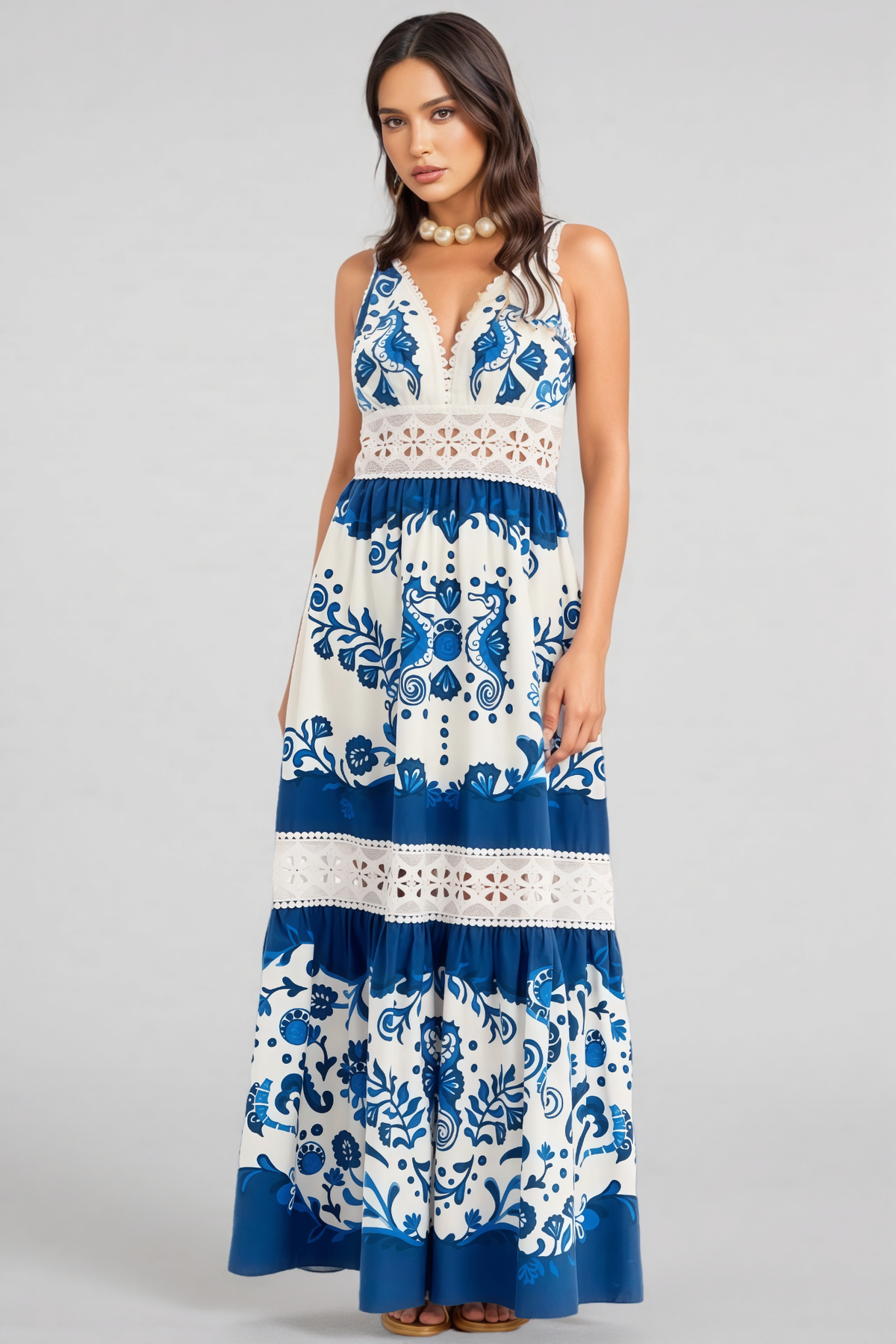Seahorse Floral Print V-Neck Sleeveless Crochet Lace Trim Tiered Maxi Dress