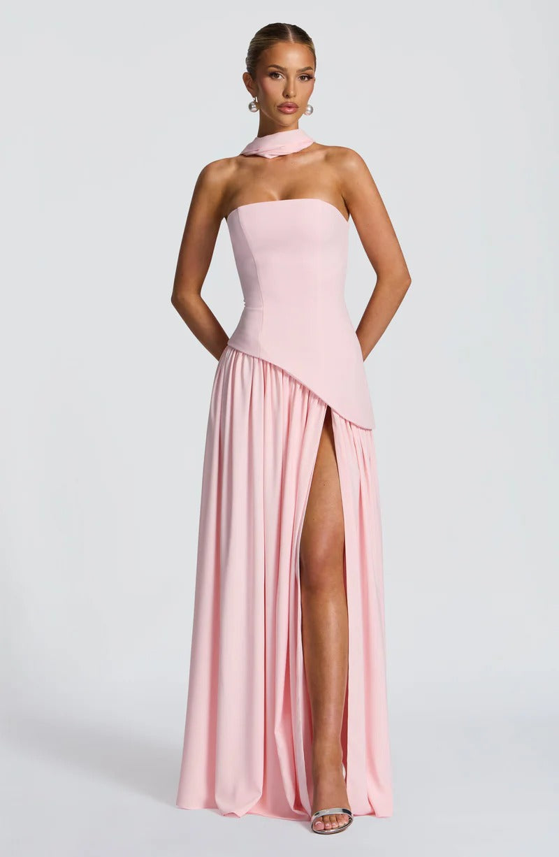 Strapless Asymmetric Drop Waist High Split Maxi Dress with Scarf 59