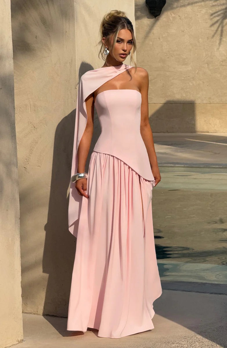 Strapless Asymmetric Drop Waist High Split Maxi Dress with Scarf 61