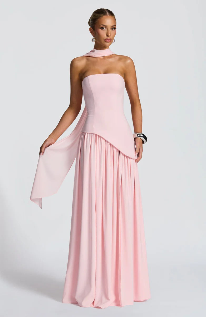 Strapless Asymmetric Drop Waist High Split Maxi Dress with Scarf 63