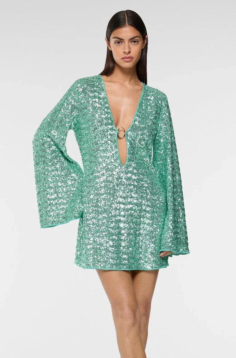 Sequin Plunge V-Neck Ring Detail Bell Sleeve Shift Mini Dress