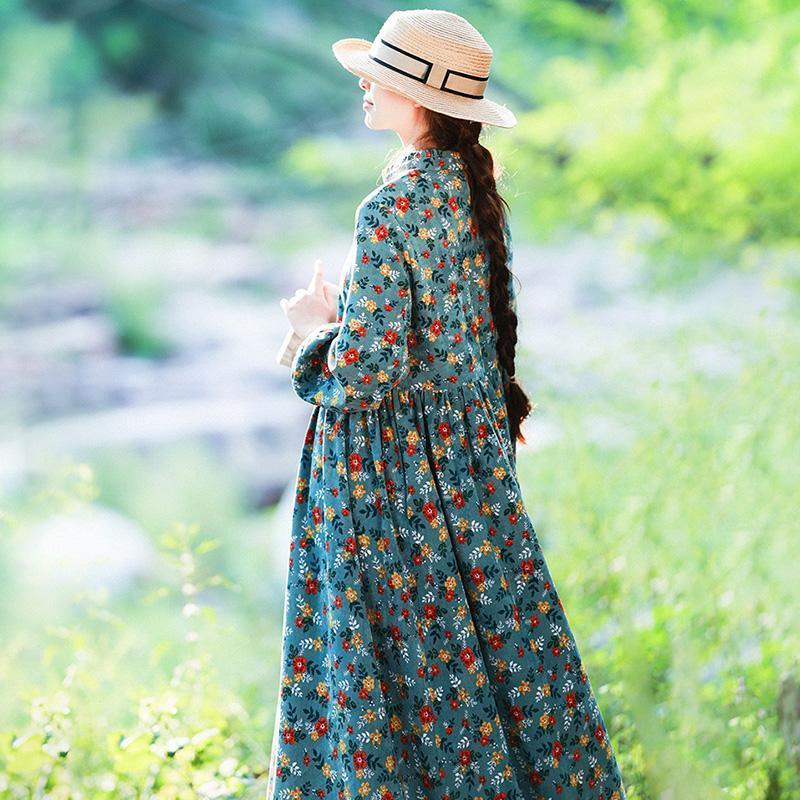 Retro Corduroy Floral Casual Draped Dress ( Limited Stock)