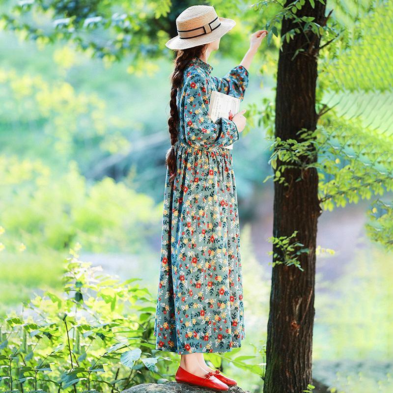 Retro Corduroy Floral Casual Draped Dress ( Limited Stock)