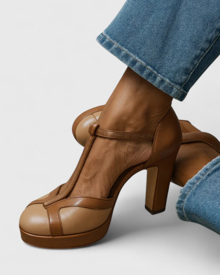 Round Toe T-Strap Platform Block Heel Pumps
