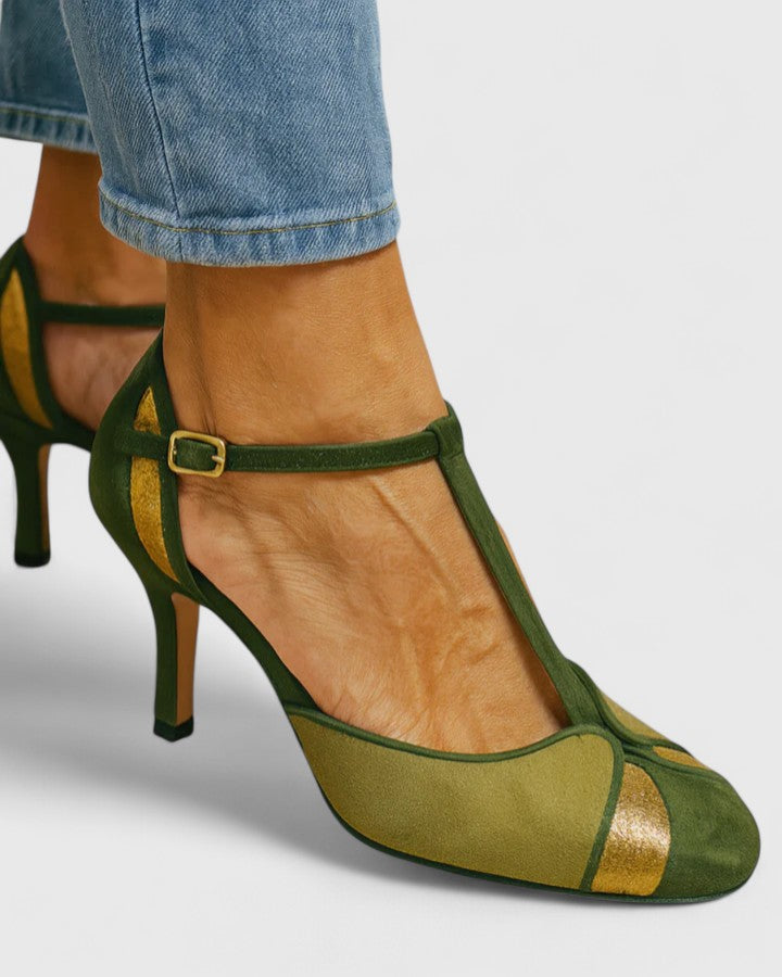Round Toe T-Strap Buckle Stiletto Heel Pumps