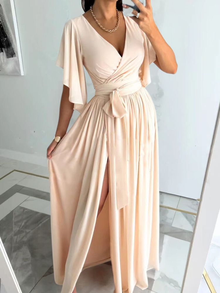Flutter Sleeve Surplice Wrap Tie Waist High Split Maxi Gown