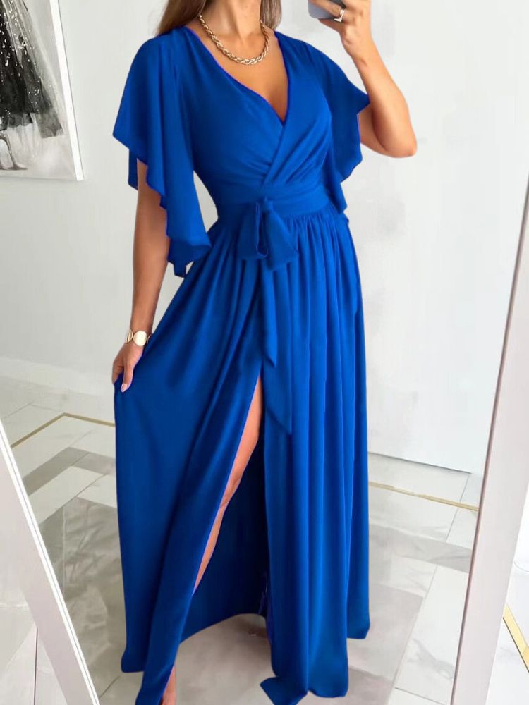 Flutter Sleeve Surplice Wrap Tie Waist High Split Maxi Gown