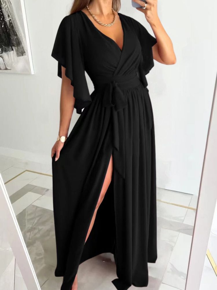 Flutter Sleeve Surplice Wrap Tie Waist High Split Maxi Gown