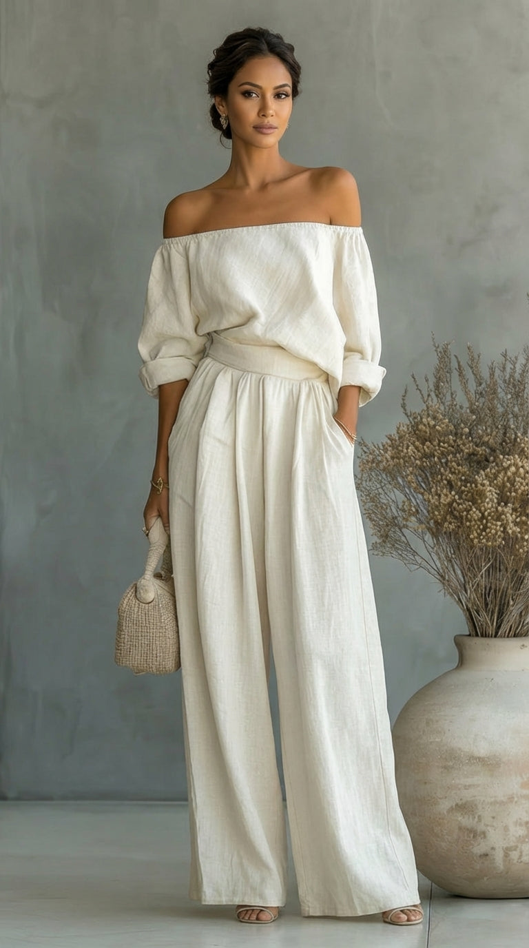 Off Shoulder Top and Wide Leg Pants Two Piece Set