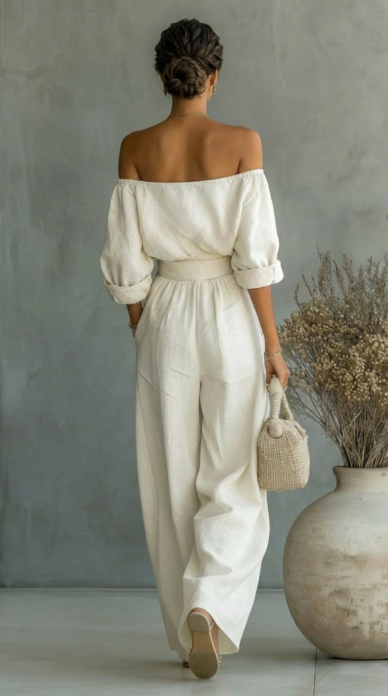 Off Shoulder Top and Wide Leg Pants Two Piece Set