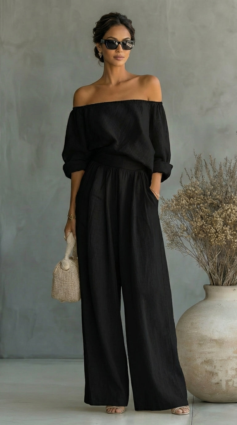 Off Shoulder Top and Wide Leg Pants Two Piece Set