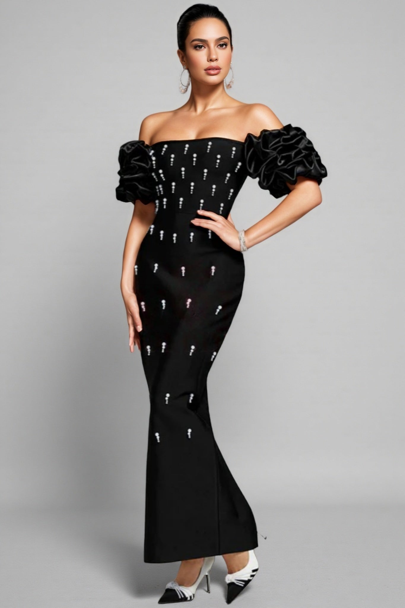 Helesa Off Shoulder Pearl Bandage Maxi Dress - View 3