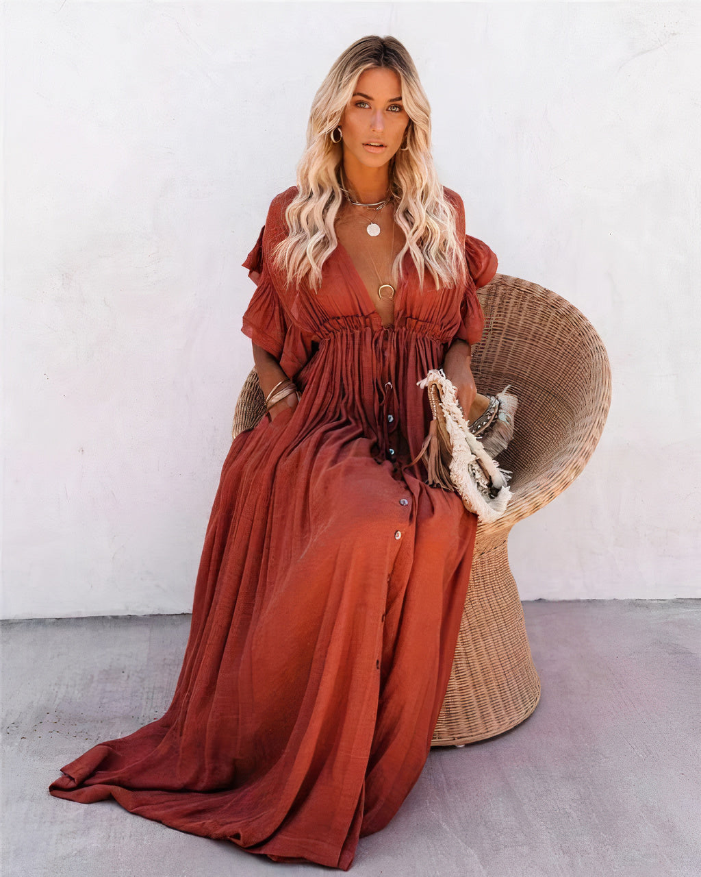 Deep V-Neck Flutter Sleeve Drawstring Button Front Maxi Dress