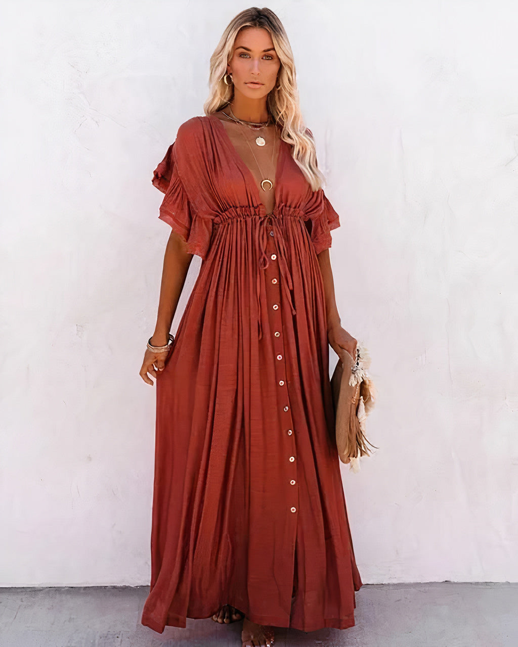 Deep V-Neck Flutter Sleeve Drawstring Button Front Maxi Dress