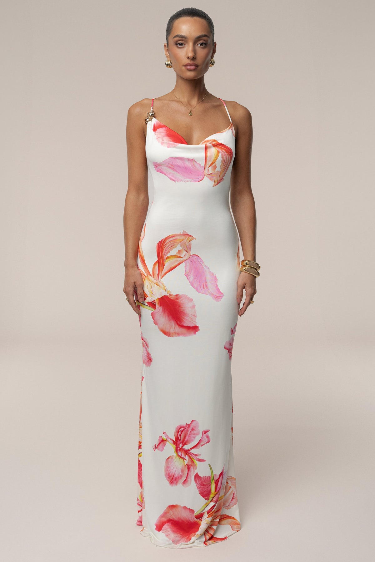 Floral Print Satin Cowl Neck Spaghetti Strap Maxi Slip Dress