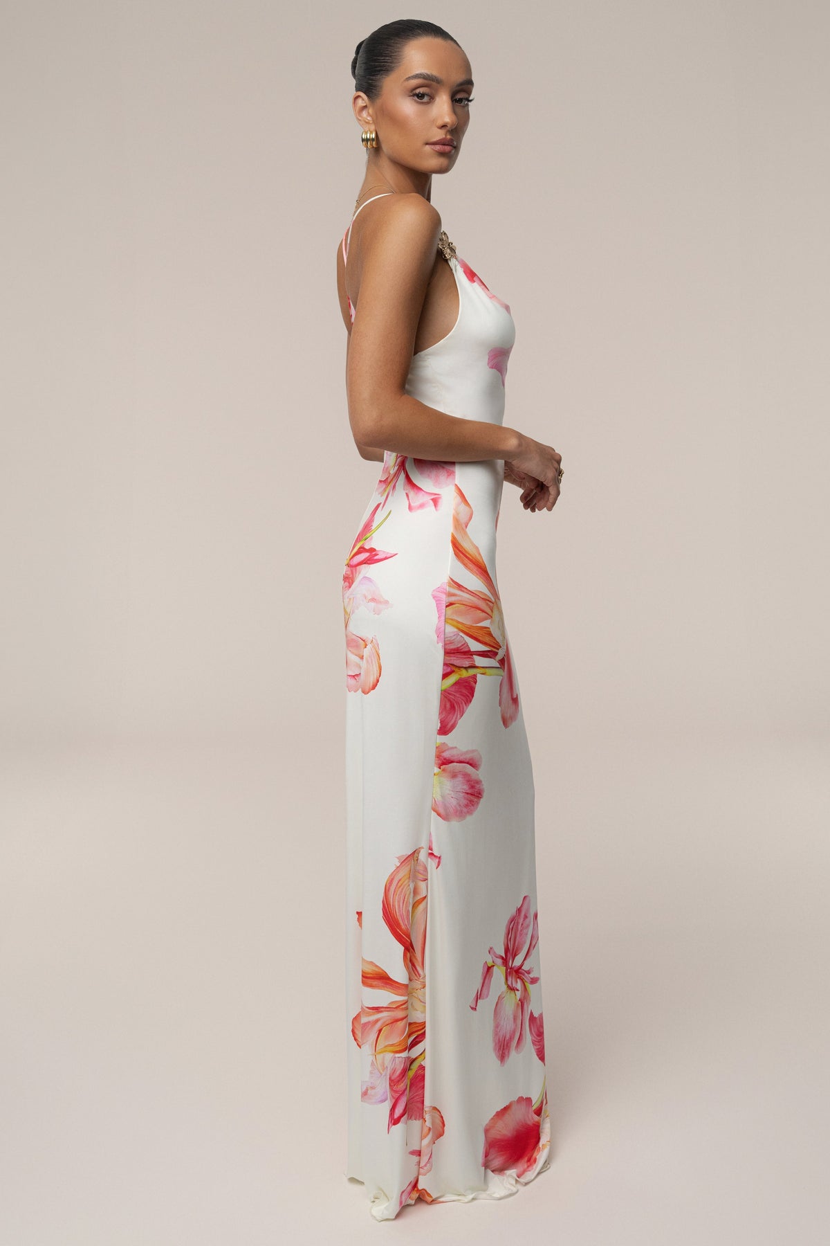 Floral Print Satin Cowl Neck Spaghetti Strap Maxi Slip Dress 2